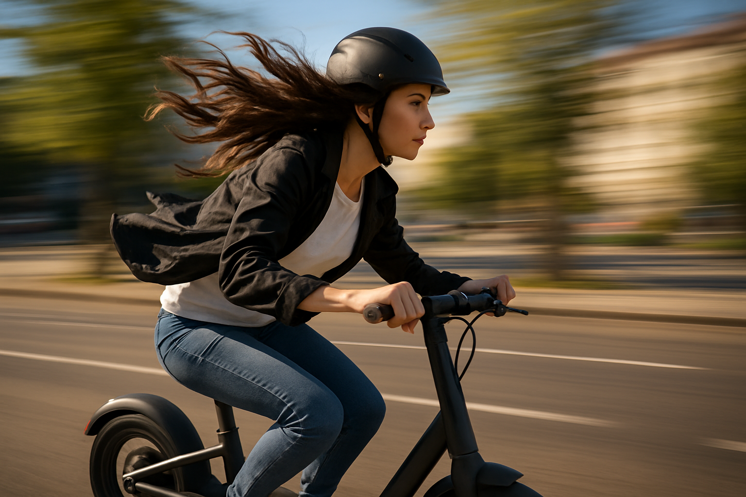 Person riding a scooter with wind blowing