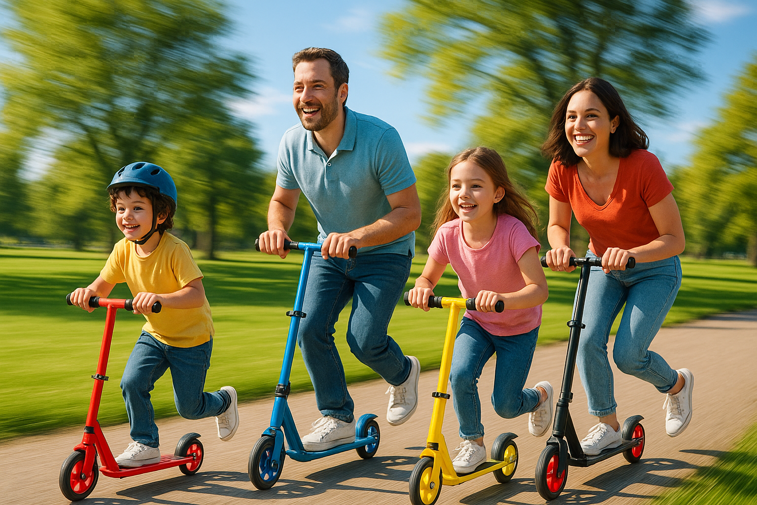 A family zoom in around on scooters