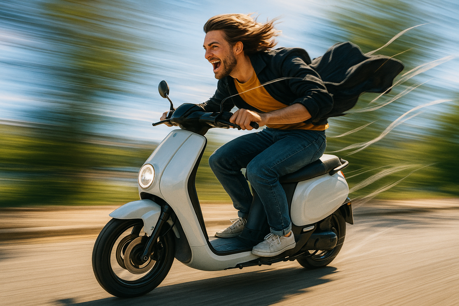 A man riding a scooter fast with wind blowing